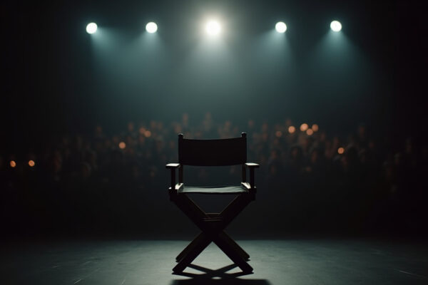 A golden award statuette gleaming under a spotlight on an empty stage, representing the triumph of 'Homebound' at the Critics' Choice Awards 2026.
