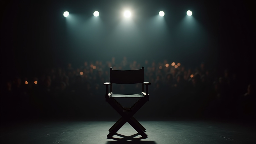 A golden award statuette gleaming under a spotlight on an empty stage, representing the triumph of 'Homebound' at the Critics' Choice Awards 2026.
