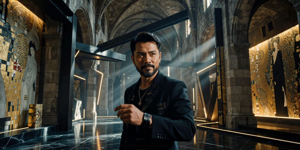 Professional editorial portrait of Jay Chou promoting his new album 'Children of the Sun', highlighting his musical comeback and cinematic artistry.