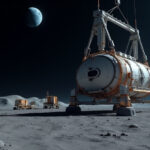 Cinematic wide-angle shot of a futuristic lunar base and equipment, symbolizing NASA's ambitious moon exploration plans.