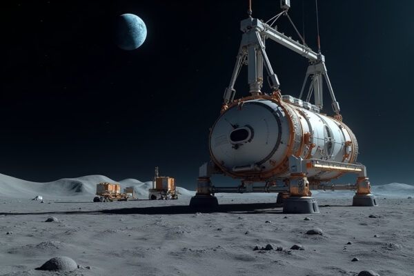 Cinematic wide-angle shot of a futuristic lunar base and equipment, symbolizing NASA's ambitious moon exploration plans.