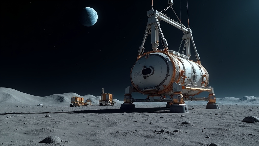 Cinematic wide-angle shot of a futuristic lunar base and equipment, symbolizing NASA's ambitious moon exploration plans.