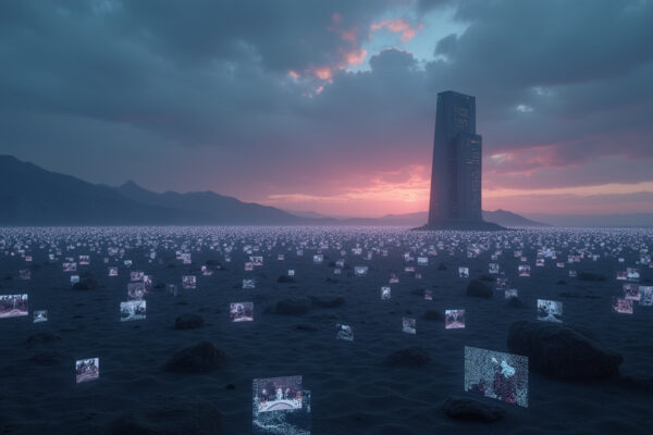 A dimly lit, abandoned server room symbolizing the abrupt shutdown of OpenAI's Sora AI video generation app, reflecting themes of technological obsolescence and strategic shifts in the AI industry.