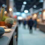 Cinematic wide-angle shot of a bustling exhibition hall at the Shanghai International Consumer Goods Fair & Modern Lifestyle Expo, showcasing a diverse range of innovative consumer goods and lifestyle products.