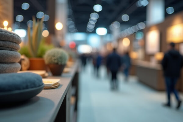 Cinematic wide-angle shot of a bustling exhibition hall at the Shanghai International Consumer Goods Fair & Modern Lifestyle Expo, showcasing a diverse range of innovative consumer goods and lifestyle products.