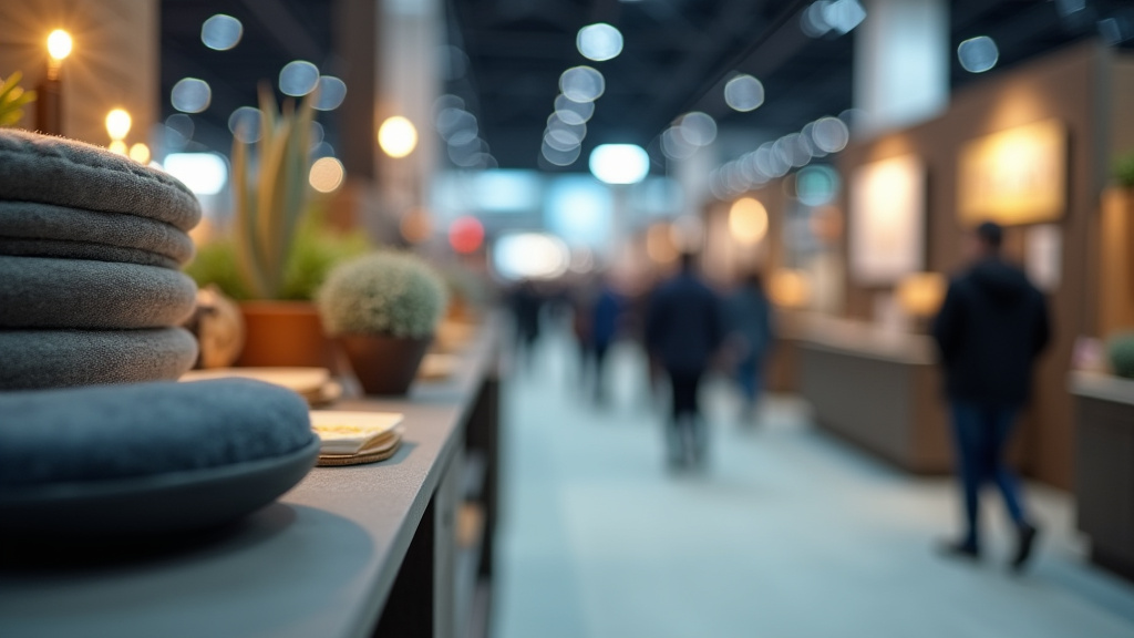 Cinematic wide-angle shot of a bustling exhibition hall at the Shanghai International Consumer Goods Fair & Modern Lifestyle Expo, showcasing a diverse range of innovative consumer goods and lifestyle products.