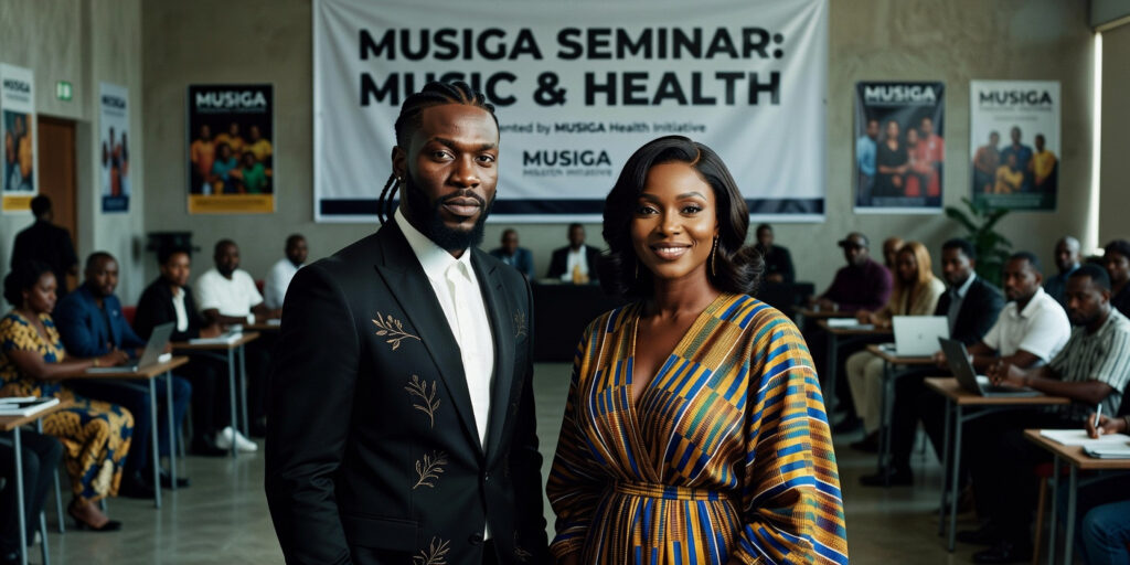 Stonebwoy and Celestine Donkor speaking at the MUSIGA music seminar and health screening event in 2026.