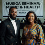 Stonebwoy and Celestine Donkor speaking at the MUSIGA music seminar and health screening event in 2026.