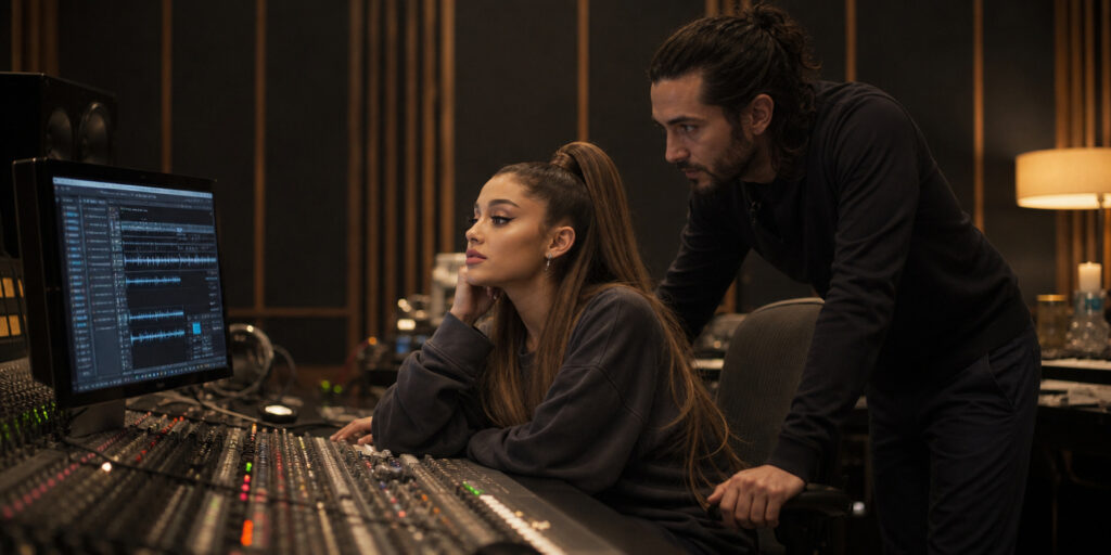 Woman seated at a large audio mixing console looking at the computer screen displaying a DAW as a man leans over to help in a dimly lit recording studio