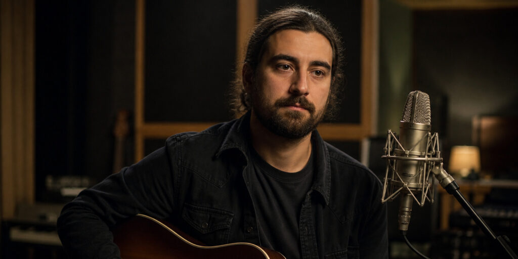 Man with long hair and beard sits with an acoustic guitar in a recording studio, facing a large silver microphone.