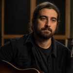 Man with long hair and beard sits with an acoustic guitar in a recording studio, facing a large silver microphone.
