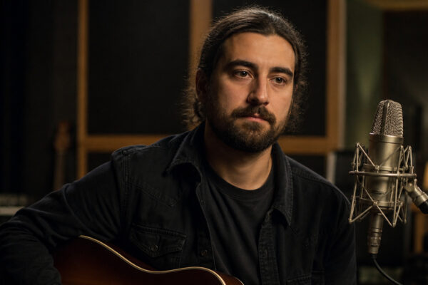 Man with long hair and beard sits with an acoustic guitar in a recording studio, facing a large silver microphone.