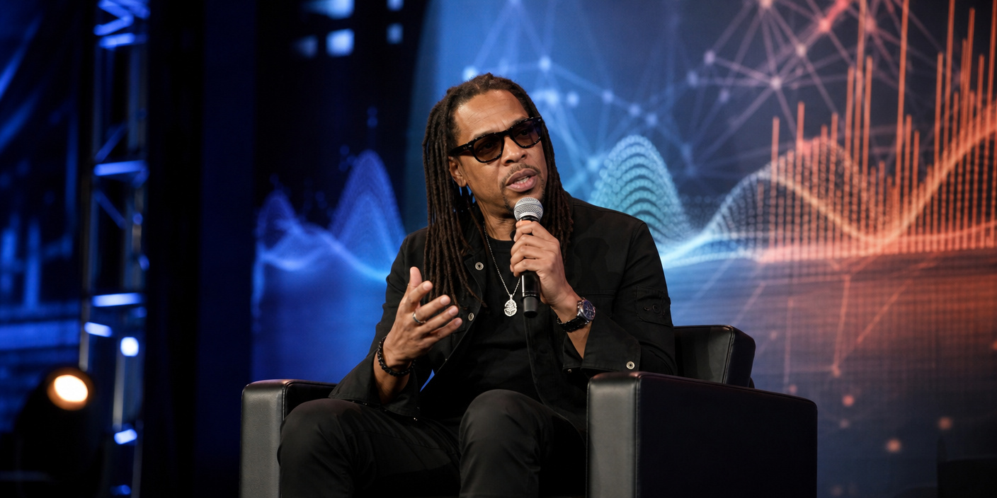 Man with dreadlocks in black attire sits on stage in a chair, speaking into a microphone and gesturing, with a blue digital backdrop behind him.