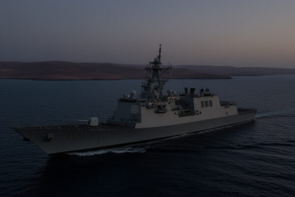 Gray military destroyer at sea during sunset coastline visible on the horizon