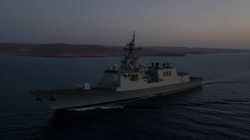 Gray military destroyer at sea during sunset, coastline visible on the horizon.",
