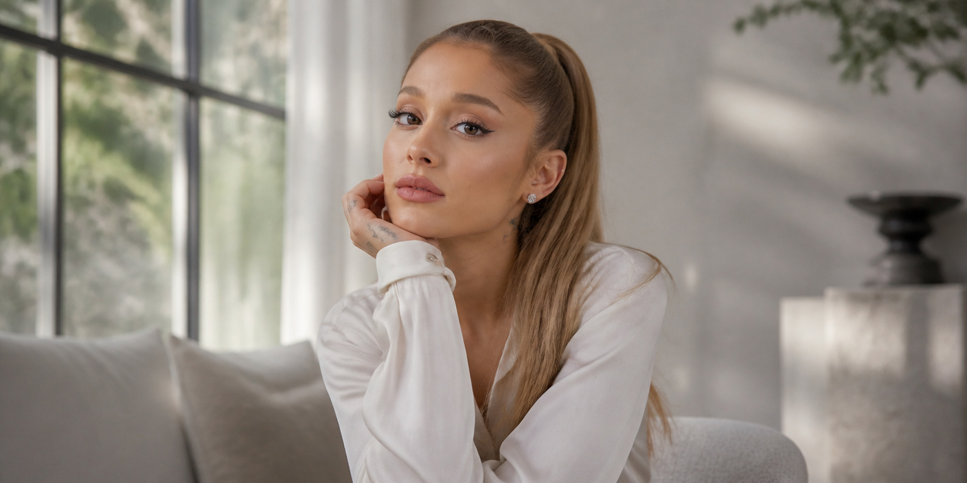 Portrait of a woman with long blonde hair in a white blouse, resting her chin on her hand in a bright living space, looking at the camera.
