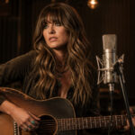 Female musician in a recording studio playing an acoustic guitar beside a microphone.