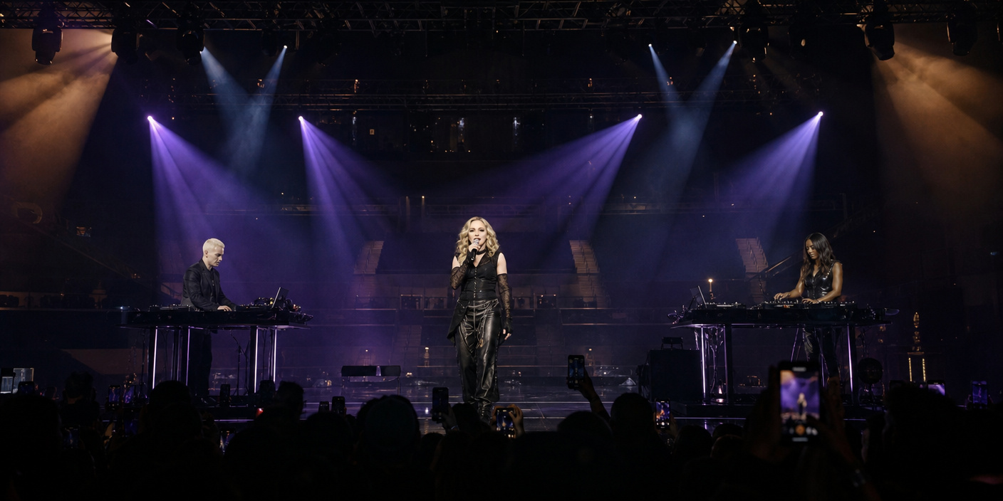 Female singer on a dark stage under purple spotlights, flanked by two DJs at electronic consoles; audience holds up phones in silhouette.