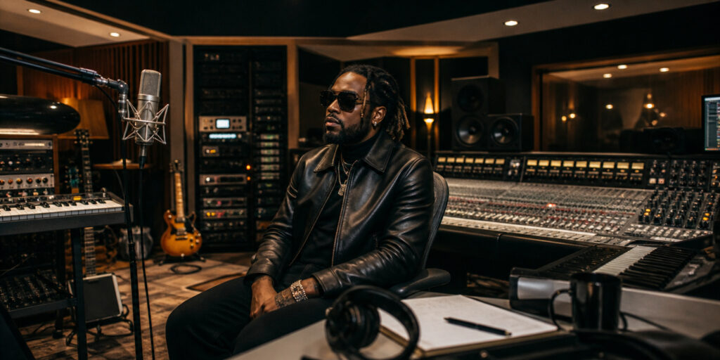 Man in a black leather jacket and sunglasses sits in a professional recording studio beside a large mixing console and microphone and gear in the background.