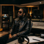 Man in a black leather jacket and sunglasses sits in a professional recording studio beside a large mixing console and microphone and gear in the background.