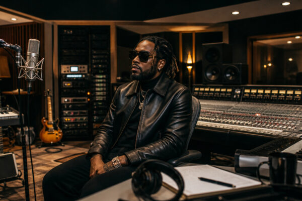 Man in a black leather jacket and sunglasses sits in a professional recording studio beside a large mixing console and microphone and gear in the background.