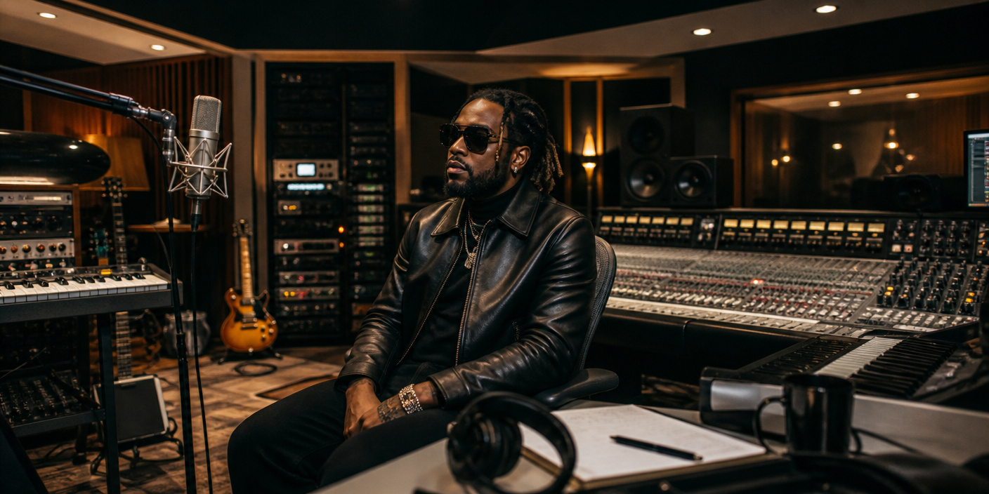 Man in a black leather jacket and sunglasses sits in a professional recording studio beside a large mixing console and microphone and gear in the background.