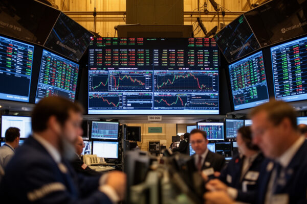 Stock trading floor with a wall of monitors showing stock charts and market data traders at desks in the foreground
