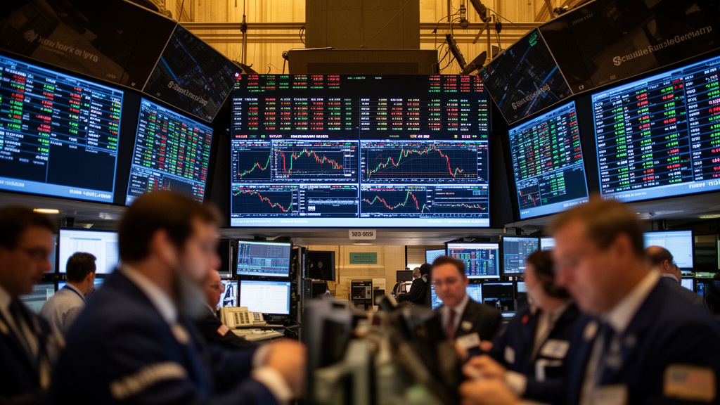 Stock trading floor with a wall of monitors showing stock charts and market data; traders at desks in the foreground.