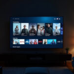Dimly lit living room with a large TV displaying a streaming app interface, flanked by a floor lamp and sofa(s).