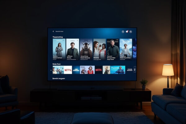 Dimly lit living room with a large TV displaying a streaming app interface, flanked by a floor lamp and sofa(s).