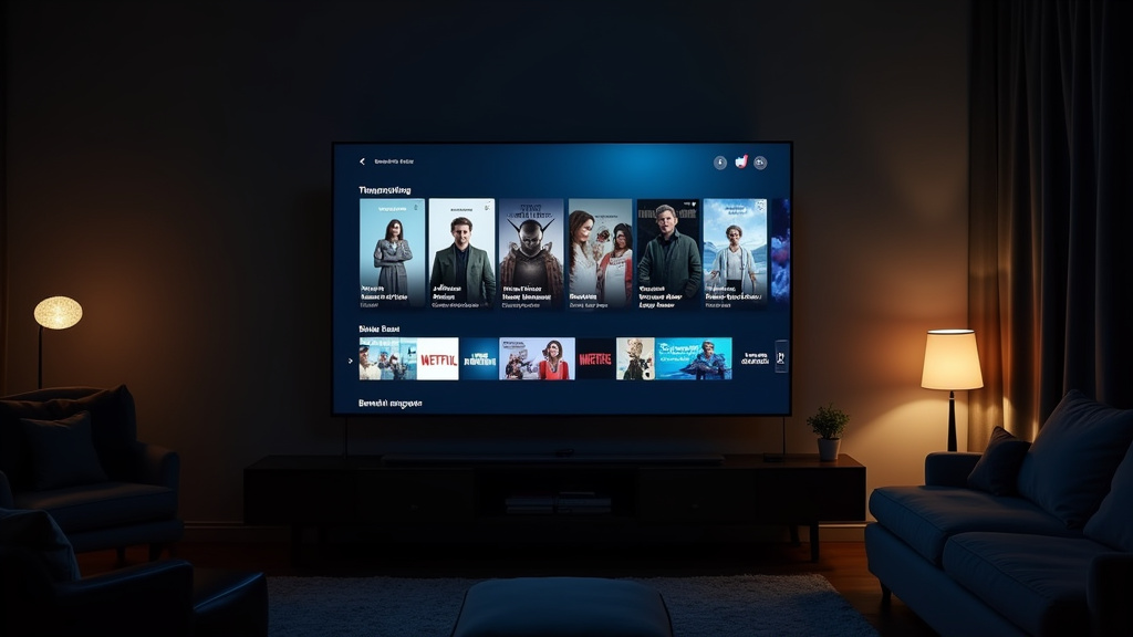 Dimly lit living room with a large TV displaying a streaming app interface, flanked by a floor lamp and sofa(s).